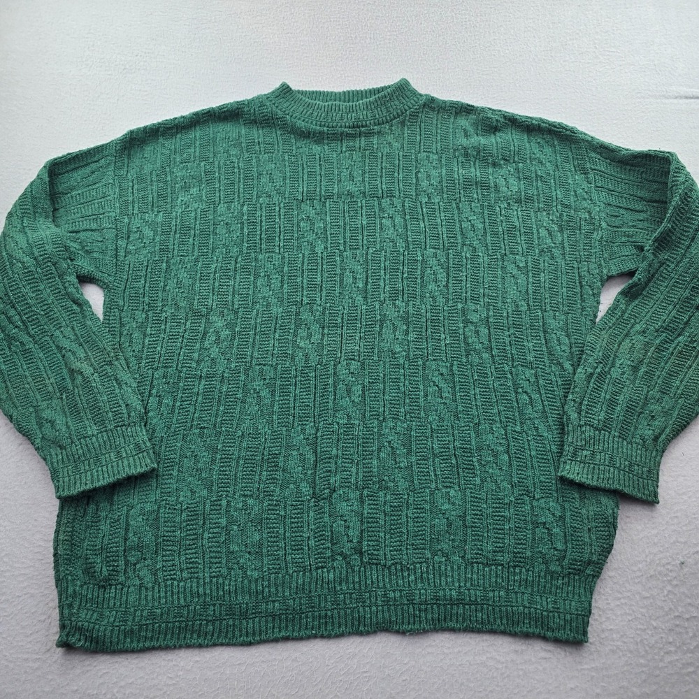 Mens Sweater Green Textured Tight Knit Ribbed Trim Crew Neck Streetwear Casual
